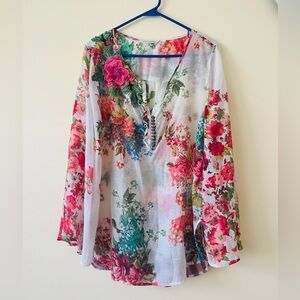 Soft Surroundings Long Sleeve Tunic Top Floral Applique Colorful Mix Print Sz L